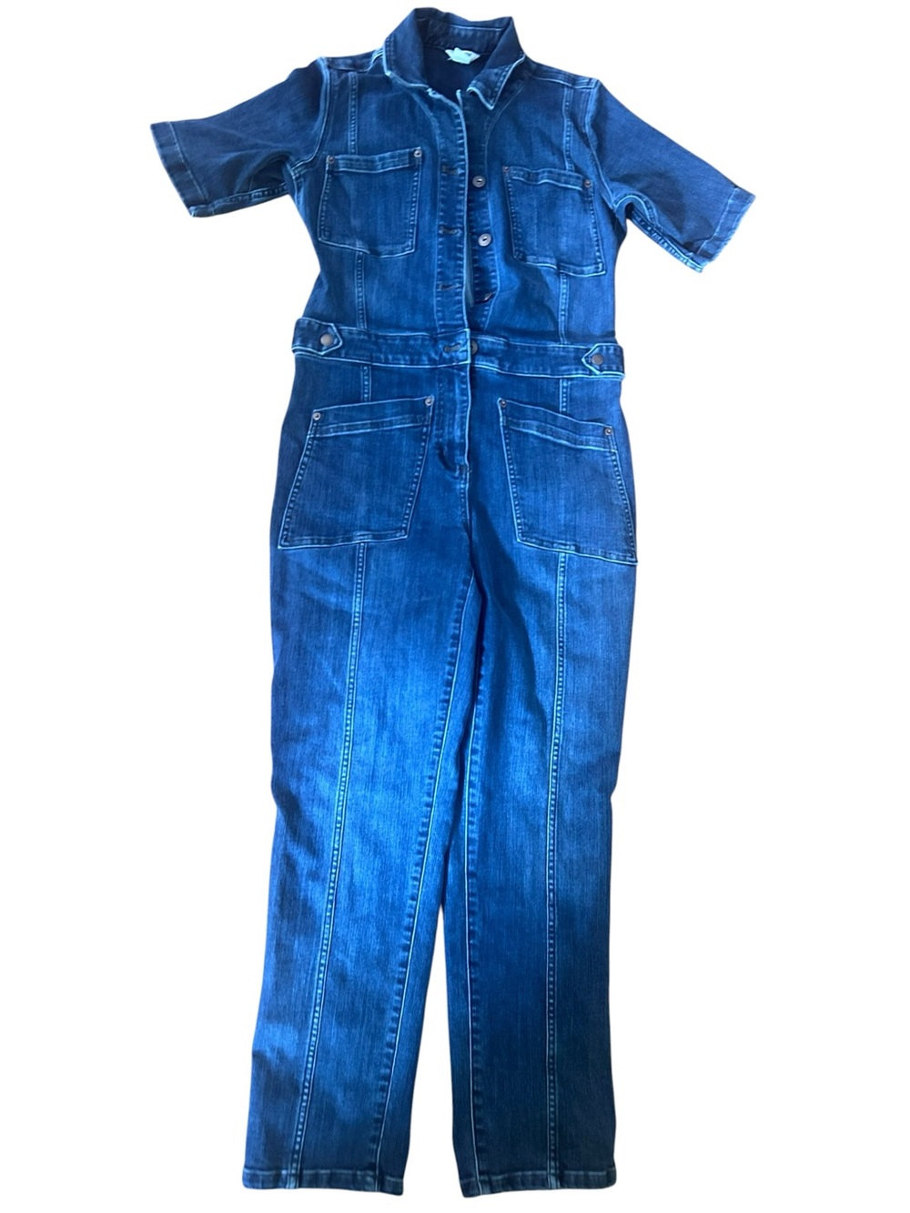 Duluth Trading Denim Utility Jumpsuit Romper Sz 8 Short Dark Wash button down - Picture 2 of 6